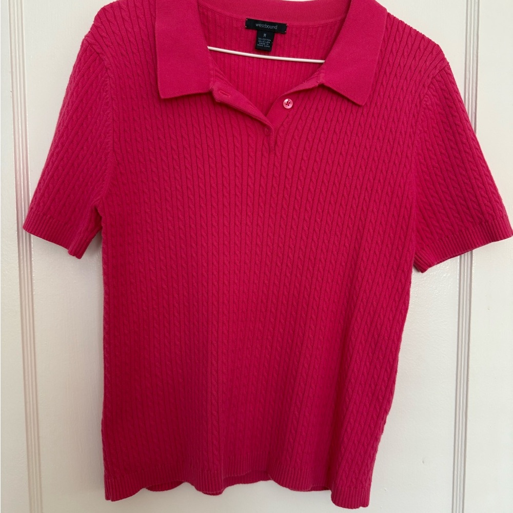 Pink Short Sleeve Cableknit Polo Sweater